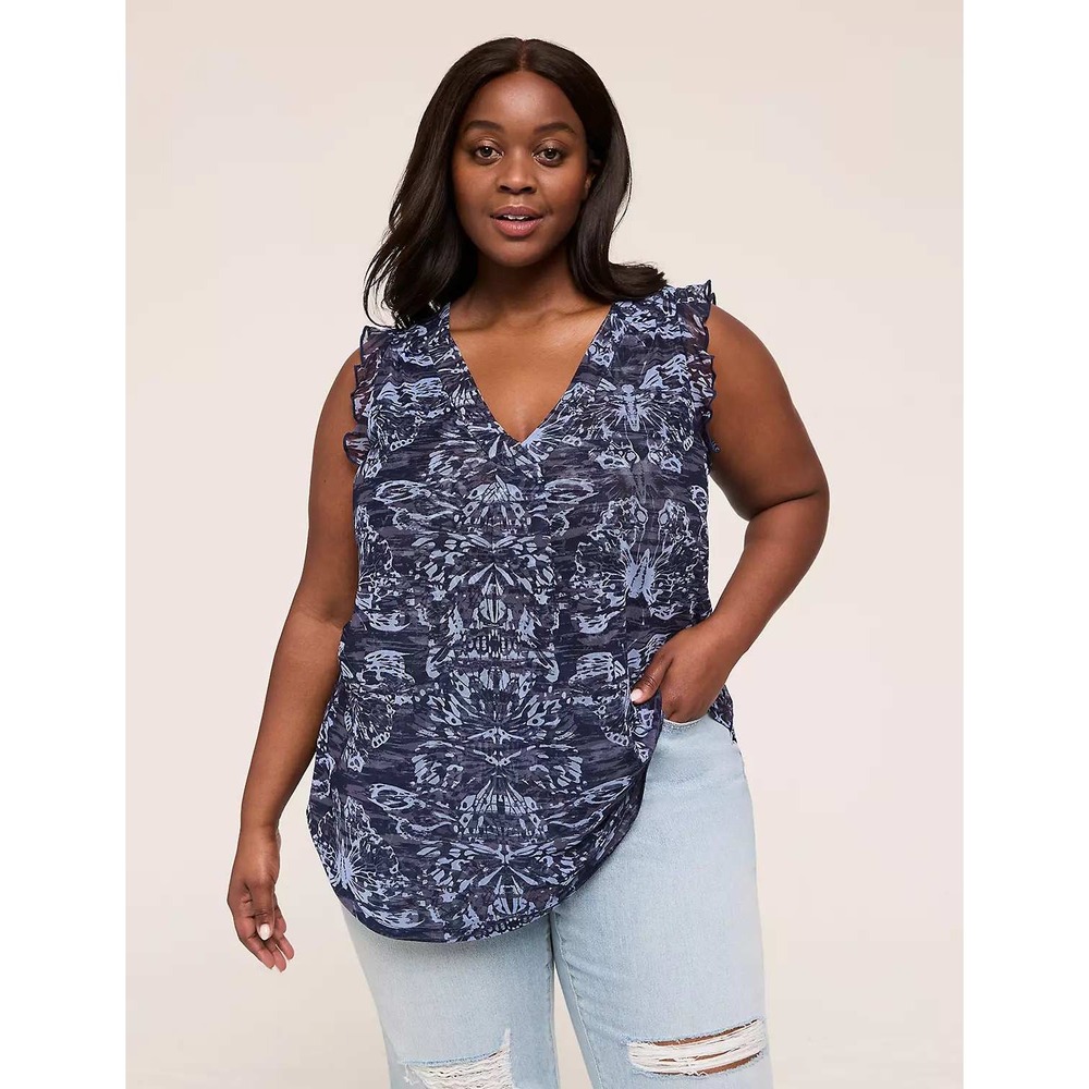 Lane Bryant Butterfly Print Blouse 18/20 Sheer Ruffle‎ Sleeve Top